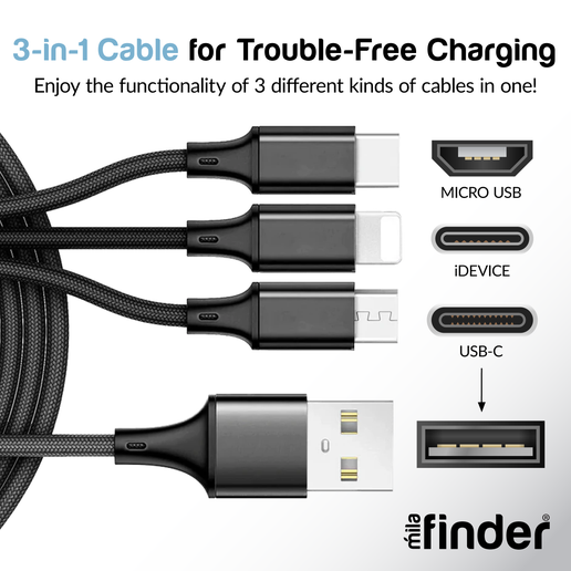 3 in 1 USB Braided Round Charging and Data Cable 10Ft with Micro USB, iOS, and Type C