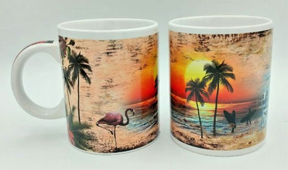 City of Surfside Miami Florida with Flamingo & Lifeguard Tent Art Design Coffee Mug - 12 Oz Coffee Mug