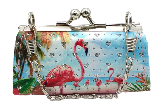 Surfside Florida Boutique Clasp Small Clutch Purse with Crystal Hearts Shape and Flamingo Theme for Kids - Little Girls Rhinestone Bag Gifts