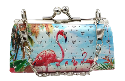 Surfside Florida Boutique Clasp Small Clutch Purse with Crystal Hearts Shape and Flamingo Theme for Kids - Little Girls Rhinestone Bag Gifts