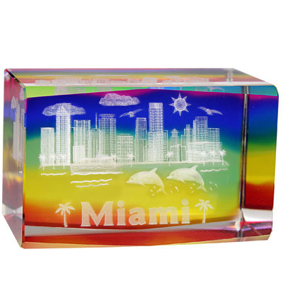 Miami Hologram Crystal Cube Glass Feature Downtown, Dolphin and Cruze ship - Miami Skyline Rainbow Clear Sculpture Gifts