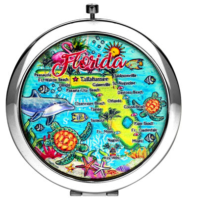 Florida Pocket Mirror on the go Feature Florida Map and sea animals - Miami Beauty Accessories, 2.5" Multicolor