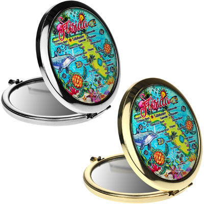 Florida Pocket Mirror on the go Feature Florida Map and sea animals - Miami Beauty Accessories, 2.5" Multicolor