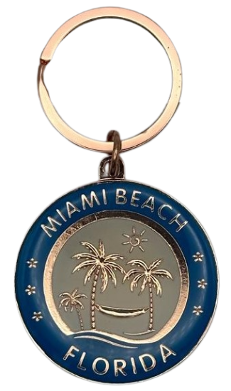 MIAMI Beach Florida & Palm Trees Round Metal Epoxy Keychain - Travel Souvenir Gift