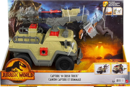 Jurassic World Toys Dominion Capture & Crush Truck with Velociraptor, Vehicle Toy with Tranq Shooter, Crane & 2 Breakaways, Large