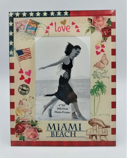 Miami Beach Love and Flowers Glass Photo Frame Gift, Fits 4” x 6” Picture - Great Photo Frame Souvenir