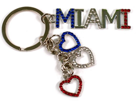 Miami Font and Hearts Rhinestone Keychain Fill with Blue/Red/White Crystal Stones - Miami Key Ring Travel Souvenir Gift- Multicolor 3"