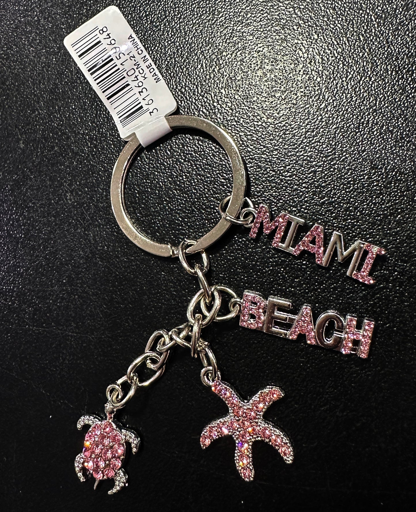 Miami Beach Font and Starfish & Turtle Rhinestone Keychain Fill with Pink Stones - Miami Key Ring Travel Souvenir Gift- Multicolor 3"