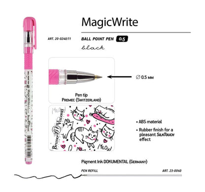 Magicwrite - Pink Kitten Cat theme Ball Point Pen Black Ink Refillable, 0.7mm.- Great Teenager Gift, 1 Count