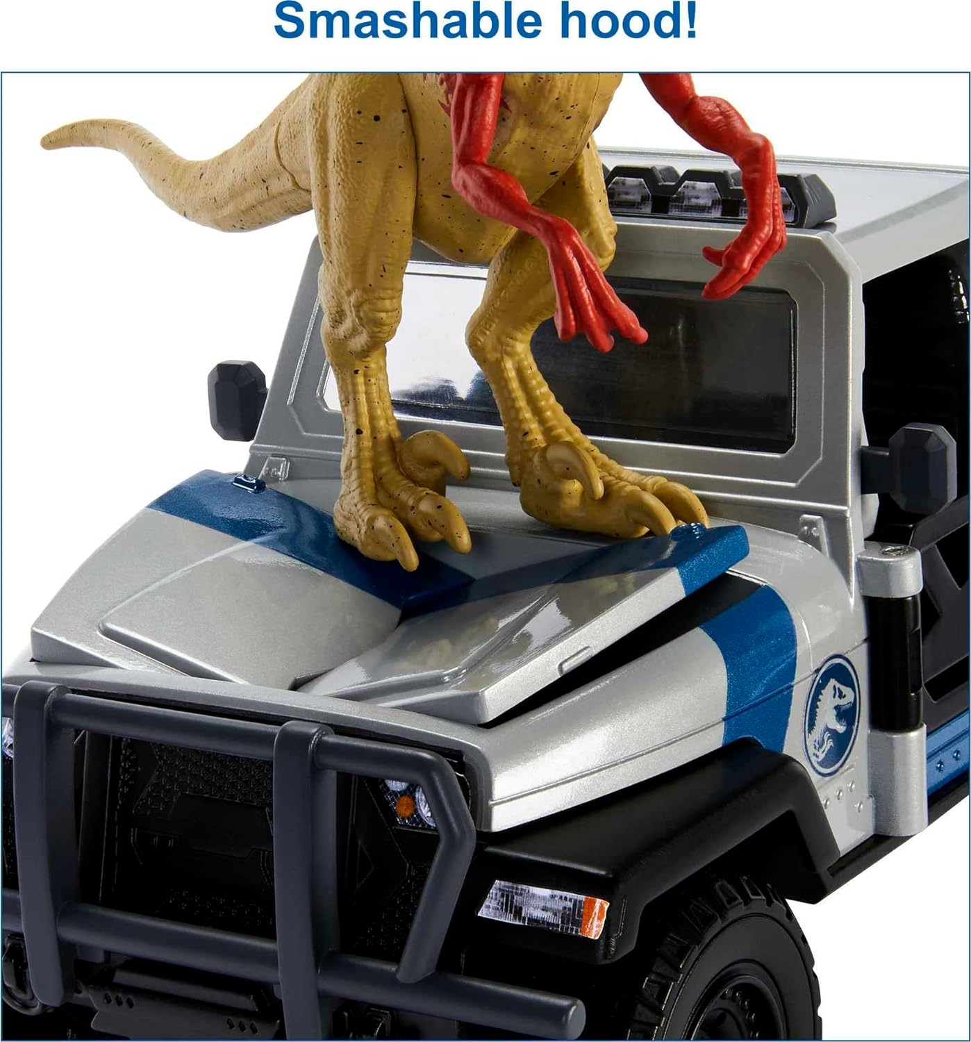 Mattel Jurassic World Toys Search 'N Smash Truck Set with Atrociraptor Dinosaur & Human Action Figure, Vehicle with Destruct Features