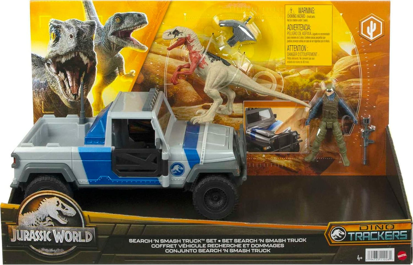 Mattel Jurassic World Toys Search 'N Smash Truck Set with Atrociraptor Dinosaur & Human Action Figure, Vehicle with Destruct Features