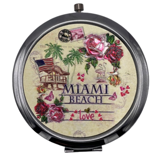 Miami Beach Love Art Deco Pocket Mirror Foil - Miami Beauty Accessories, 2.5" Multicolor