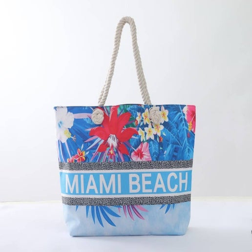 Miami Beach with Flowers Theme Tote Bag with Zipper - Great Miami Fans Gift, Multicolor