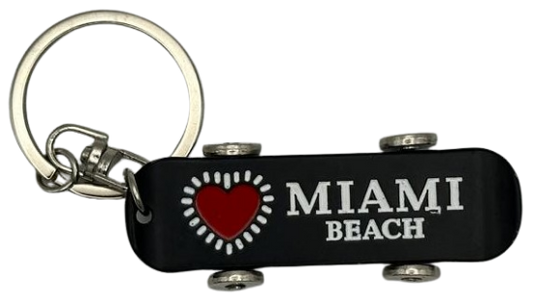 Miami Beach with Heart Shape Mini-Skateboard Keychains - Cute Metal Car Keychain, Travel Souvenir Gift- Black/Red