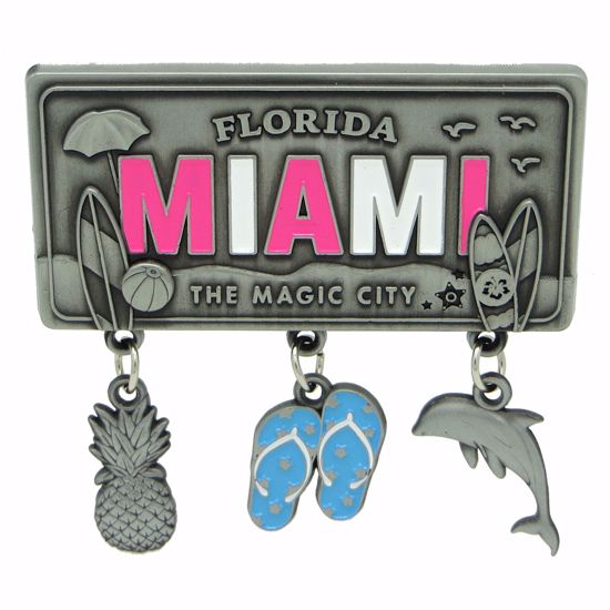 Miami Florida Magnets Pewter Dangle - Fridge & Home Magnet 4.5"
