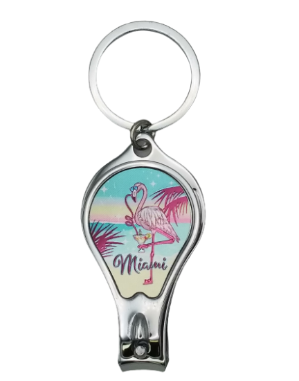 Miami Nail Clipper Metal Keychain Feature Flamingo Art Design - Travel Souvenir Gift, Multicolor