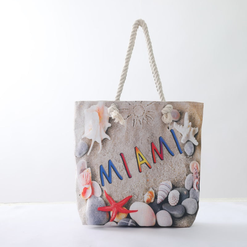 Miami Multicolor Font and Seashells Beach Fashion Tote Bag with Zipper - Great Miami Fans Gift