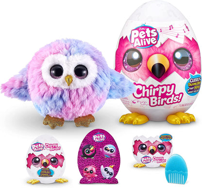Pets Alive Chirpy Birds (OWL) by ZURU, Electronic Pet That Speaks, Giant Surprise Egg, Stickers, Comb, Fluffy Clay, Bird Animal Plush for Girls