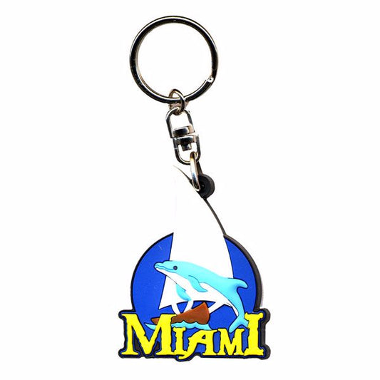 Miami Rubber Key chain, Feature Sailboat with a Dolphin - Travel Souvenir Gift Key Ring (1)