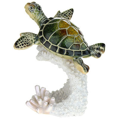 Swimming Green Sea Turtle on Resin Coral Base Statue - Reef Coral Turtle Figurine for Home Decoration