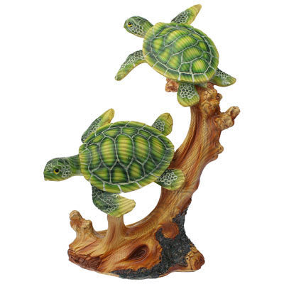 Two Green Sea Turtle on Resin Brown Coral Base Statue - Two Green Turtles Reef Figurine (7 inches)