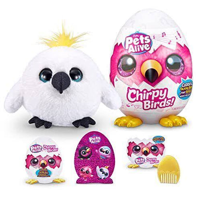 Pets Alive Chirpy Birds (White Cockatoo) by ZURU, Electronic Pet That Speaks, Giant Surprise Egg, Stickers, Comb, Fluffy Clay