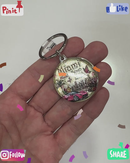 MIAMI Beach Racing Car Theme Round Metal Epoxy Keychain - Travel Souvenir Gift