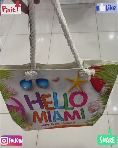 Hello Miami Beach Tote Bag with Zipper - Great Miami Fans Gift, Multicolor
