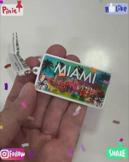 Double Sided License Plate Aluminum Foil Keychain Tag Miami City View, Travel Souvenir Gift