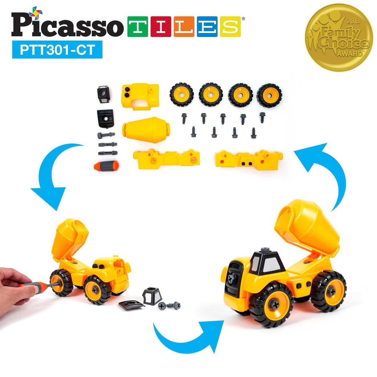 PicassoTiles 3-in-1 DIY Take-A-Part Construction Truck Toys Car Set Bulldozer, Cement Concrete Mixer, and Front Loader Dismantling Toy