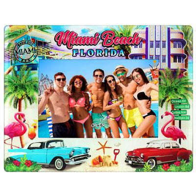 Miami Beach Florida Colorful Scene Glass Photo Frame Gift 4” x 6” Photo, Multi Color Souvenir