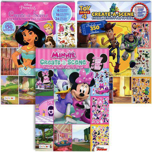 Bendon Create A Scene Sticker Activity Coloring Pad Assortment - Minnie Mouse, Disney Princess, Toy Story 4