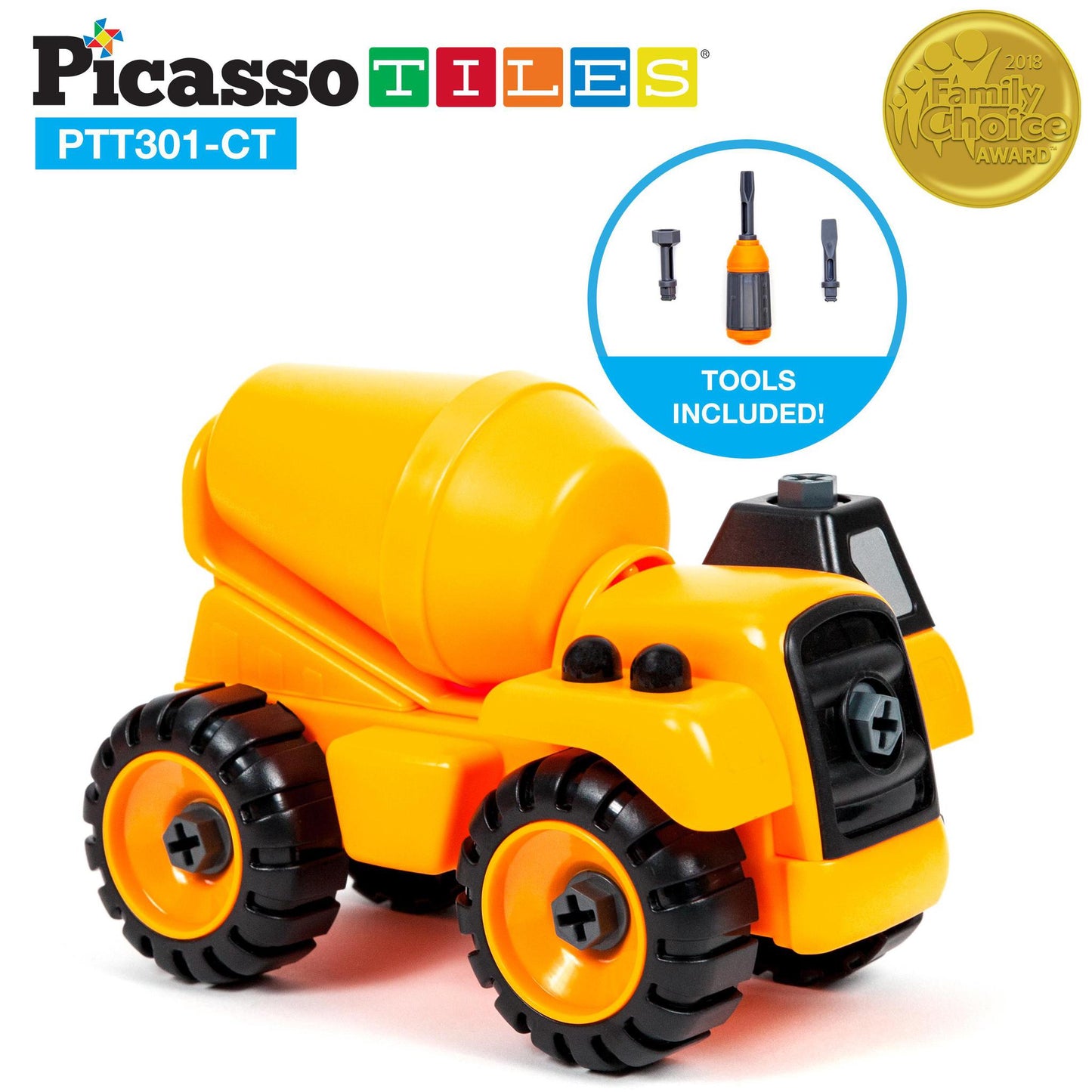 PicassoTiles 3-in-1 DIY Take-A-Part Construction Truck Toys Car Set Bulldozer, Cement Concrete Mixer, and Front Loader Dismantling Toy