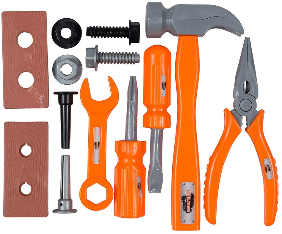 Anker Play 13 Piece Building Tool Pretend Play Toy Set: Hammer, Pliers, Screwdriver, Anchors, Bolts, Screws, and More