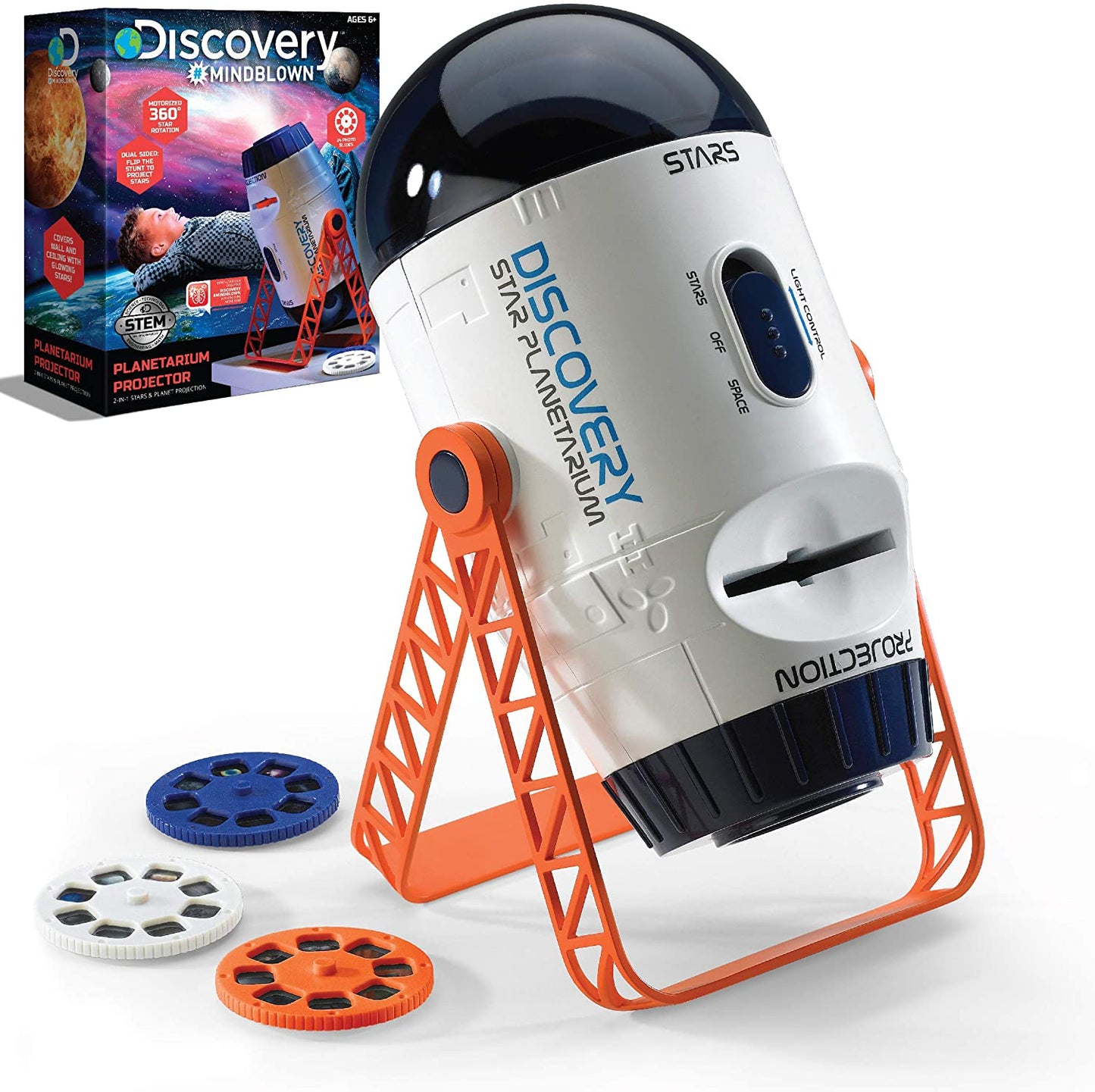 Discovery 2-in-1 Reversible Planetarium Space Projector – 360-Degree Rotation – Moving Stars Mode and Stationary Viewfinder Mode