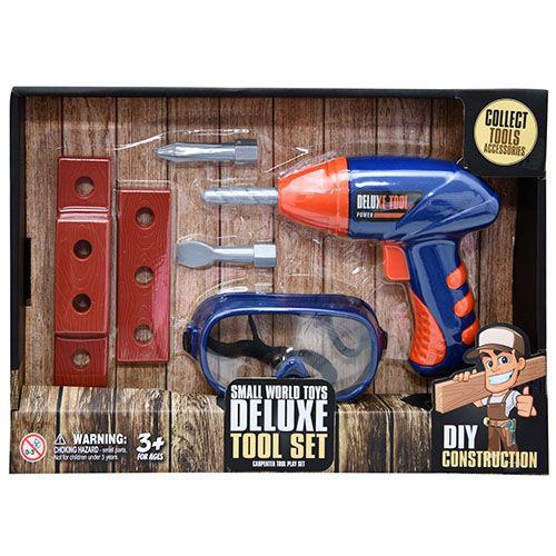 Small World Toys Deluxe Tool Set  6 Pieces Set Power Drill - Pretend Play Drill Tool - DIY Construction Set