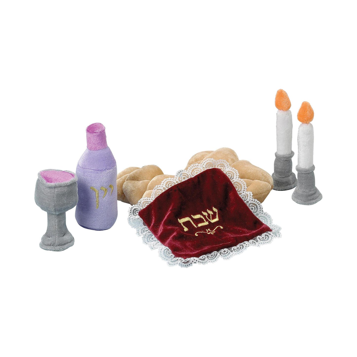 My Soft Shabbat Set Plush Toys - Includes 2 candlesticks, 1 wine bottle, 1 Kiddush cup, 2 Challahs, and 1 Challah cover