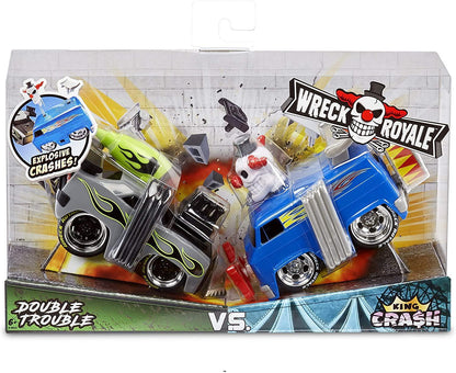 MGA Wreck Royale Exploding Crashing, 2 Pack Double Trouble Vs. King Crash Race Cars with 12 Mix 'N Match Explosive Parts