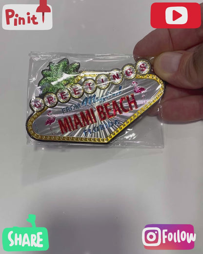 MIAMI BEACH Greetings Sign Foil Multi-Color Metal Magnet, Souvenir Gift - Fridge & Home Magnet 5 inches