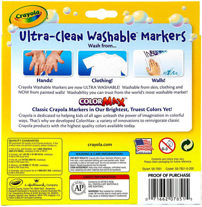 Crayola Ultra Clean Washable Markers, Broad Line, Classic Ultra Clean Markers Colors, 10 Count