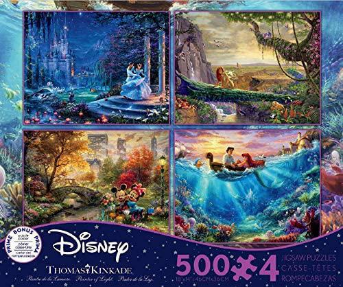 Thomas Kinkade The Disney Collection 4 in 1 Multipack Cinderella, Lion King, Mickey Mouse, Mermaid Jigsaw Puzzles, 500 Pieces