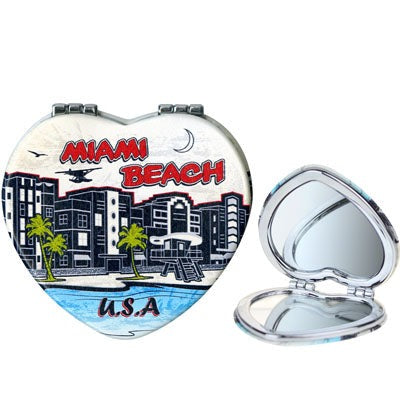 Miami Beach Pocket Mirror on the go Feature USA Flag, Miami Skyline and Heart Theme - Miami Beauty Souvenir, 2.5" Multicolor