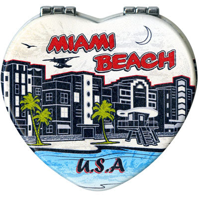 Miami Beach Pocket Mirror on the go Feature USA Flag, Miami Skyline and Heart Theme - Miami Beauty Souvenir, 2.5" Multicolor