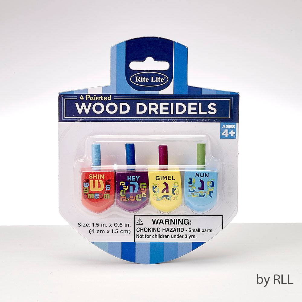 "The Dreidel Game" - 4 Small Painted Wood Dreidels -Great Jewish Kids Gift for Hanukkah