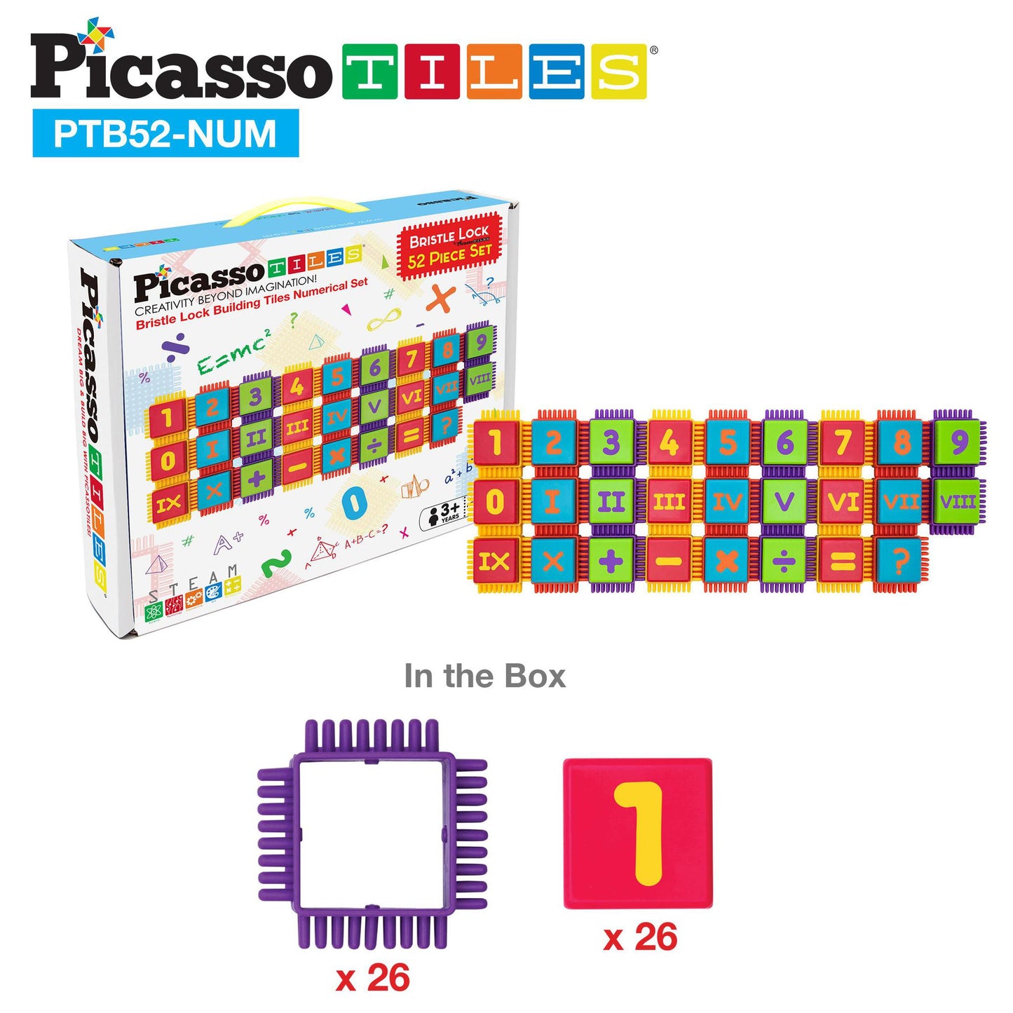 PicassoTiles Bristle Shape Blocks 52pc Numerical Building Tiles Set Construction Learning Toy Stacking Educational Block
