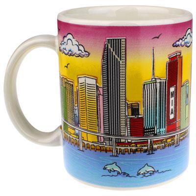 Miami Skyline With Boat Florida Mug - Yellow Hand Painted, Florida Coffee Mugs, Miami Souvenirs, Florida Souvenirs, 11 Oz
