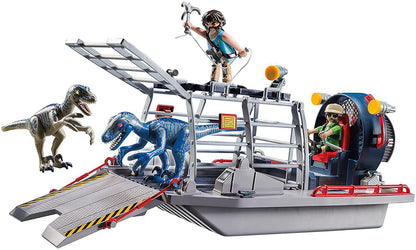 PLAYMOBIL Enemy Airboat with Raptor Building Set - Includes Two Figures, Two Dinosaurs, Removable Cage, Grappling Hook, Gas can