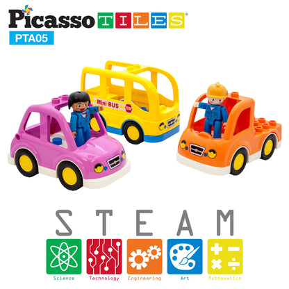 PicassoTiles Magnetic 5 Piece Vehicle and Action Figure Set Including School Bus, Car, Truck, and 2 Drivers Magnet Kit Pretend Playset