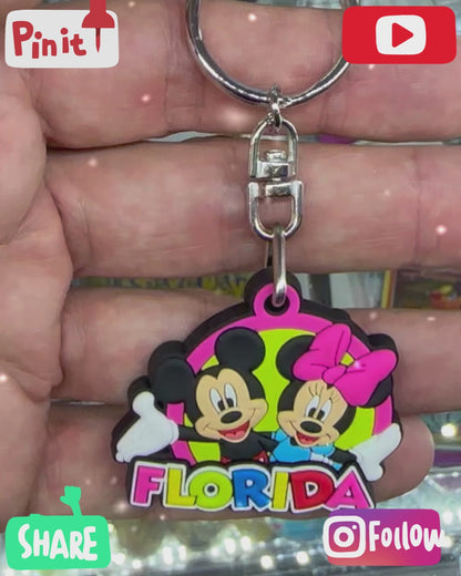 Rubber Keychain, Disney Mickey & Minnie Florida Script - Travel Souvenir Gift Key Ring