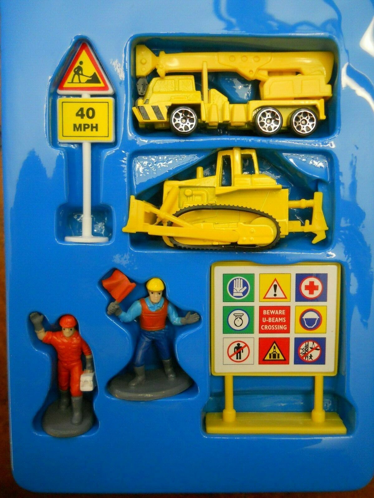 Two Die Cast Metal Construction Vehicle With Work Figures, Road Sign, Call box and Gift Pack 6 Pieces